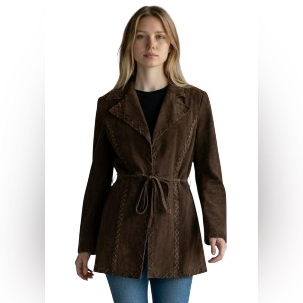 Tribal Women's Suede Jacket, Brown cross stitch trim, Boho, hook/tie front SZ 12